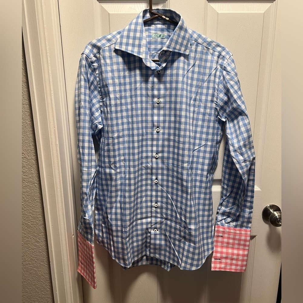 Duncan Quinn |‎ Men's Button Down Top Check White Blue Pink 15.5 Cotton